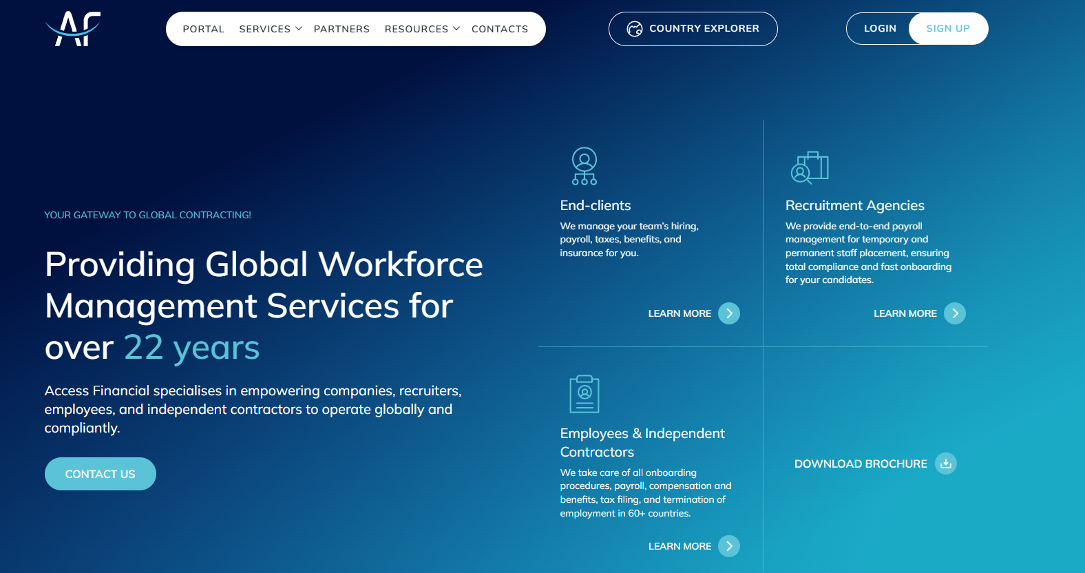 Hero banner with a blue gradient background, company logo, navigation buttons, and the headline: 'Providing Global Workforce Management Services for over 22 years'.