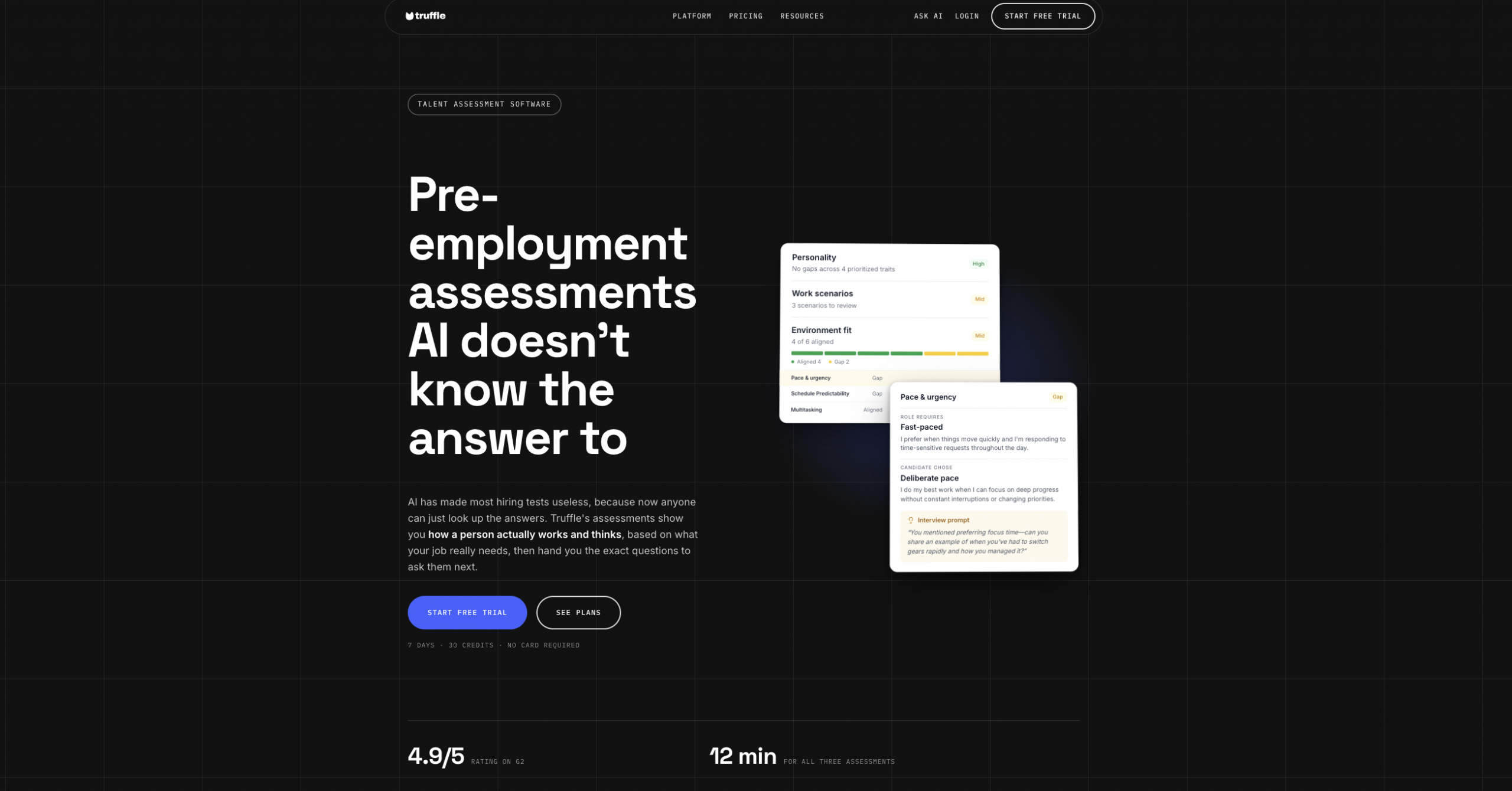 Hero section with the bold headline “Pre-employment assessments AI doesn’t know the answer to” on a dark grid background, with two floating data cards to the right and navigation links along the top.