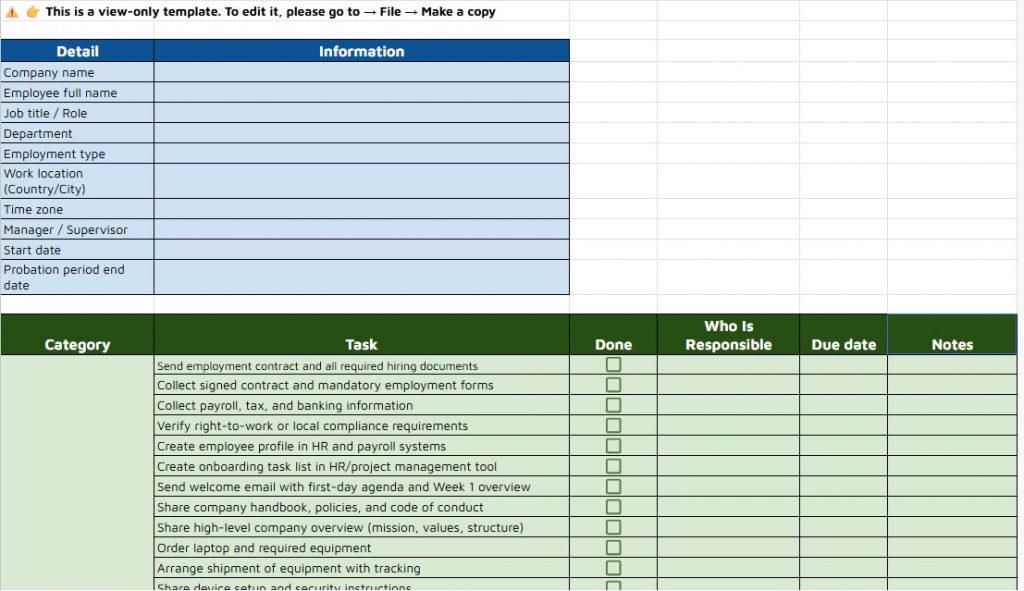 employee onboarding checklist template spreadsheet