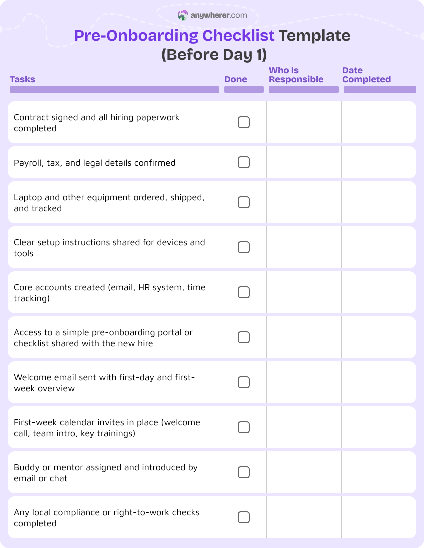 pre-onboarding checklist template
