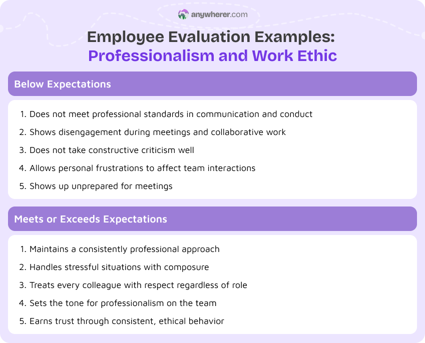 employee evaluation examples professionalism and work ethic