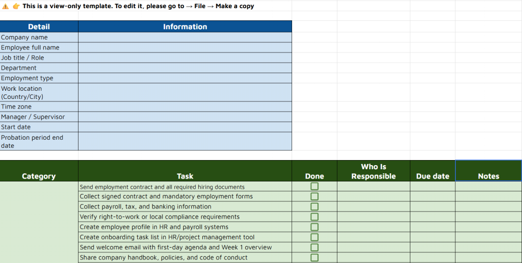 employee onboarding checklist template spreadsheet
