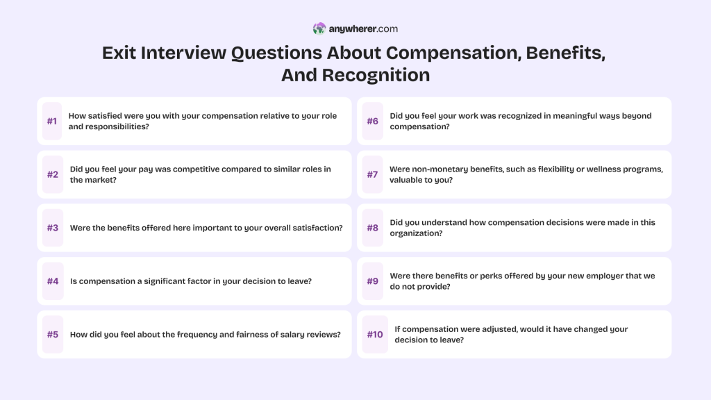 exit interview questions about compensation, benefits, and recognition