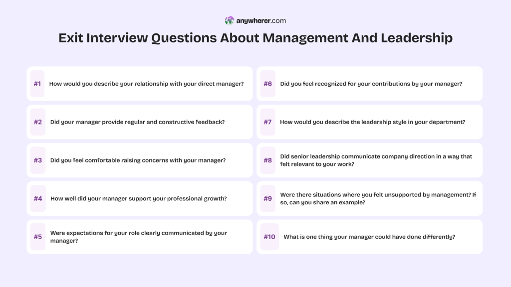 exit interview questions about management and leadership