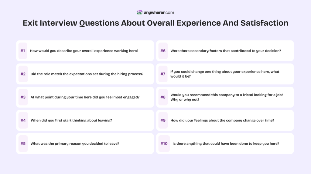 exit interview questions about overall experience and satisfaction