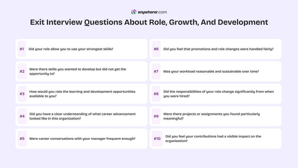 exit interview questions about role, growth, and development