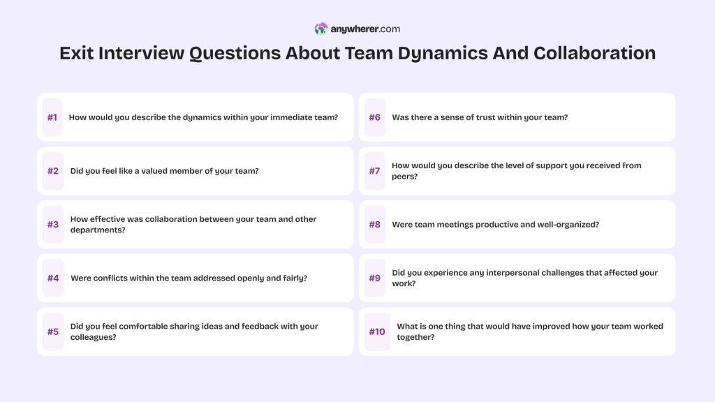 exit interview questions about team dynamics and collaboration
