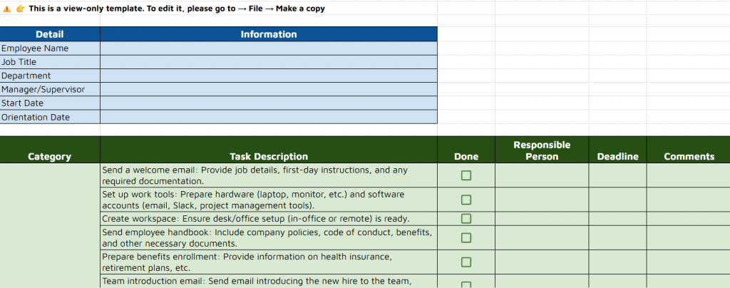 onboarding plan template spreadsheet