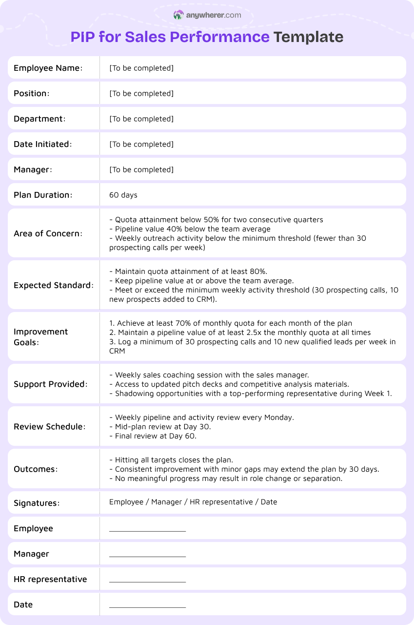 pip for sales performance template