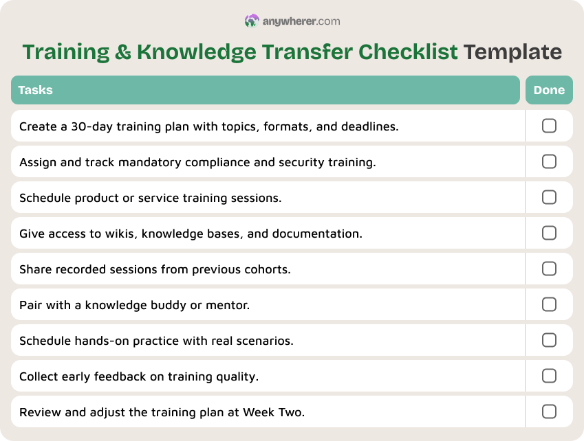 training & knowledge transfer checklist template
