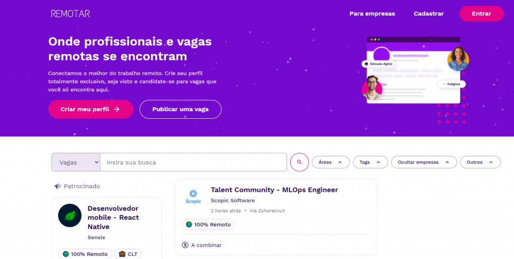 Hero da Remotar: fundo roxo com degradê, título em branco sobre vagas remotas, dois botões de ação (Criar meu perfil e Publicar uma vaga) e ilustração de tela de navegador com fotos de pessoas à direita.