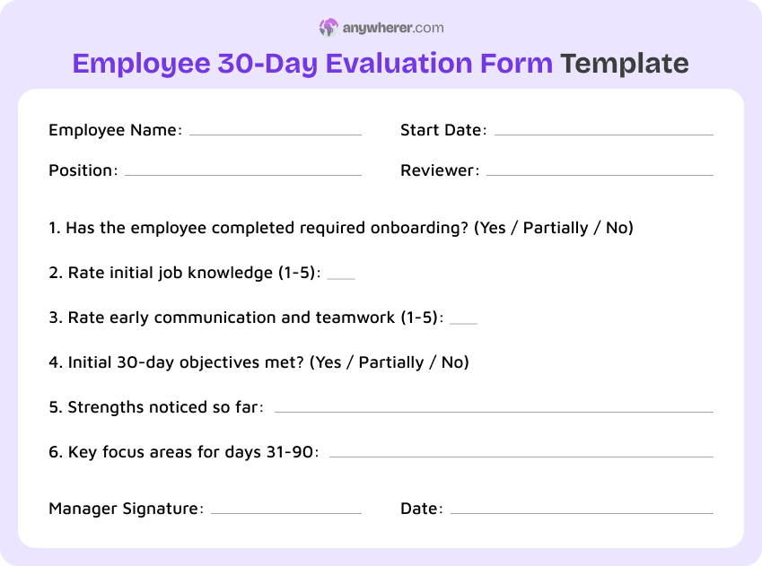 employee 30-day evaluation form template