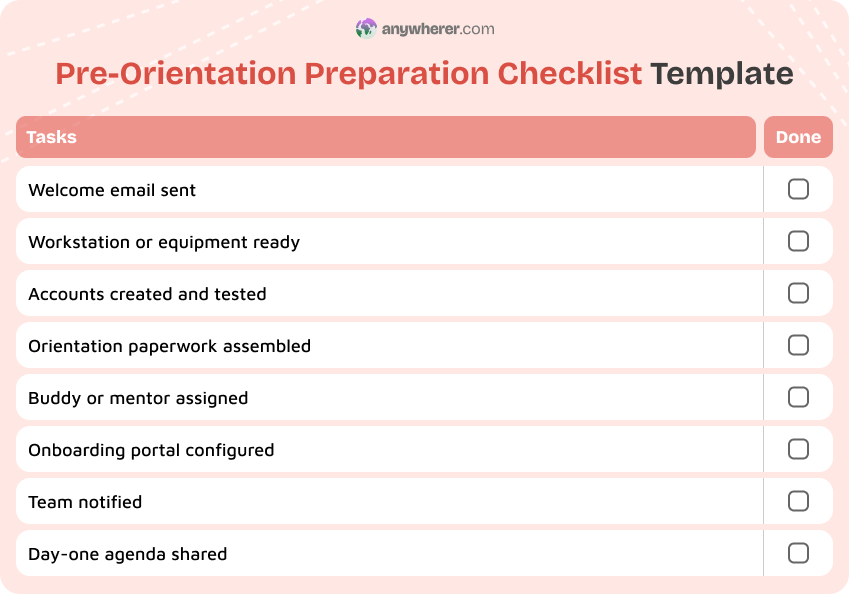 pre-orientation preparation checklist template