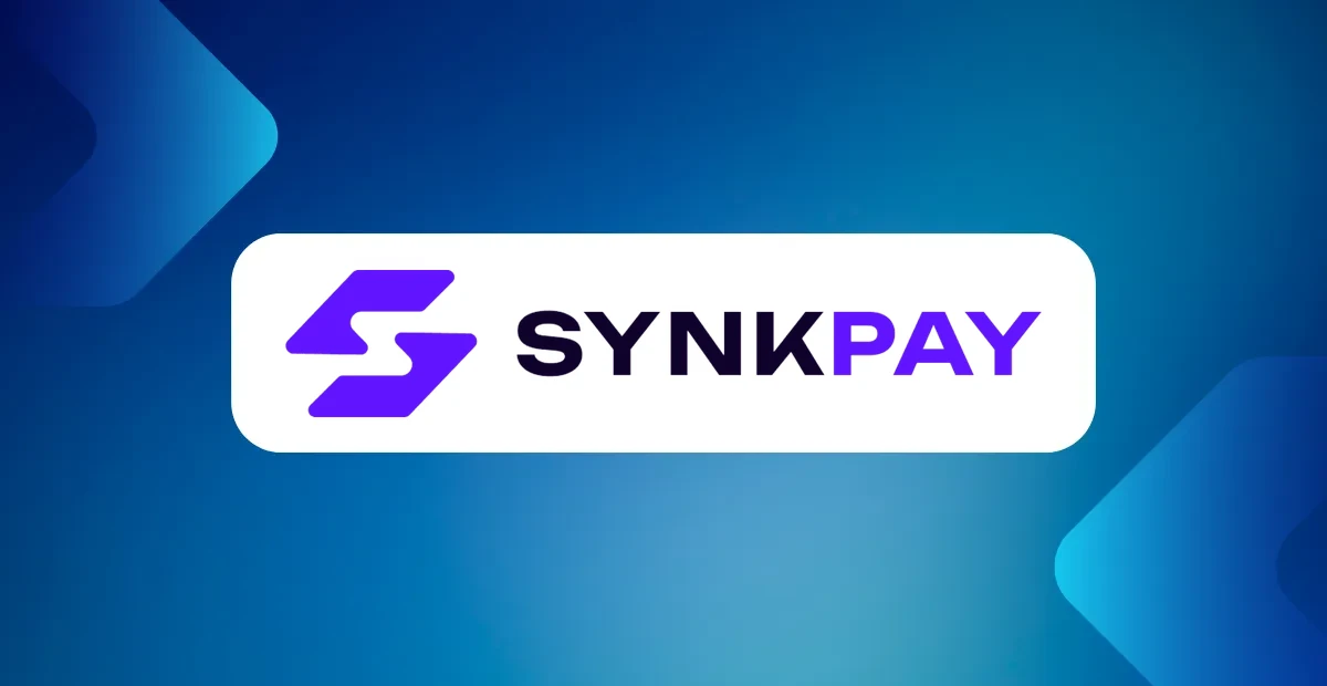 SynkPay logo with purple S symbol and 'SYNKPAY' text on a white rounded card against a blue gradient background