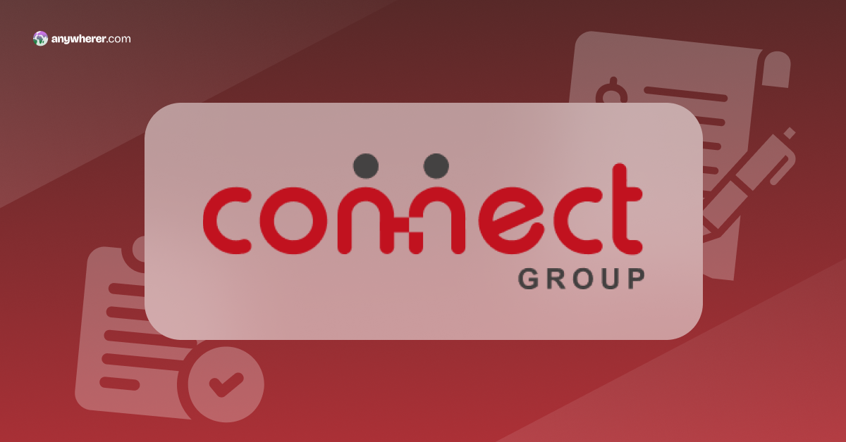 Connect Group logo centered on a pale pink rounded badge, with faint document icons in the red gradient background.