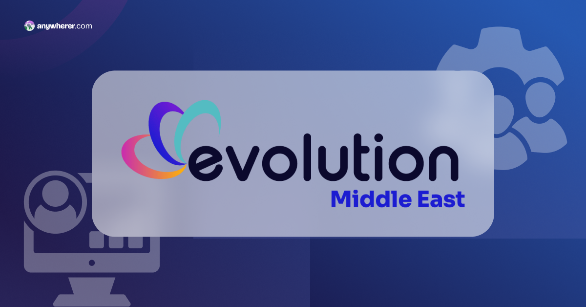 Blue tech-themed banner featuring the Evolution Middle East logo on a pale rounded card, with icons of a monitor and gears in the background.