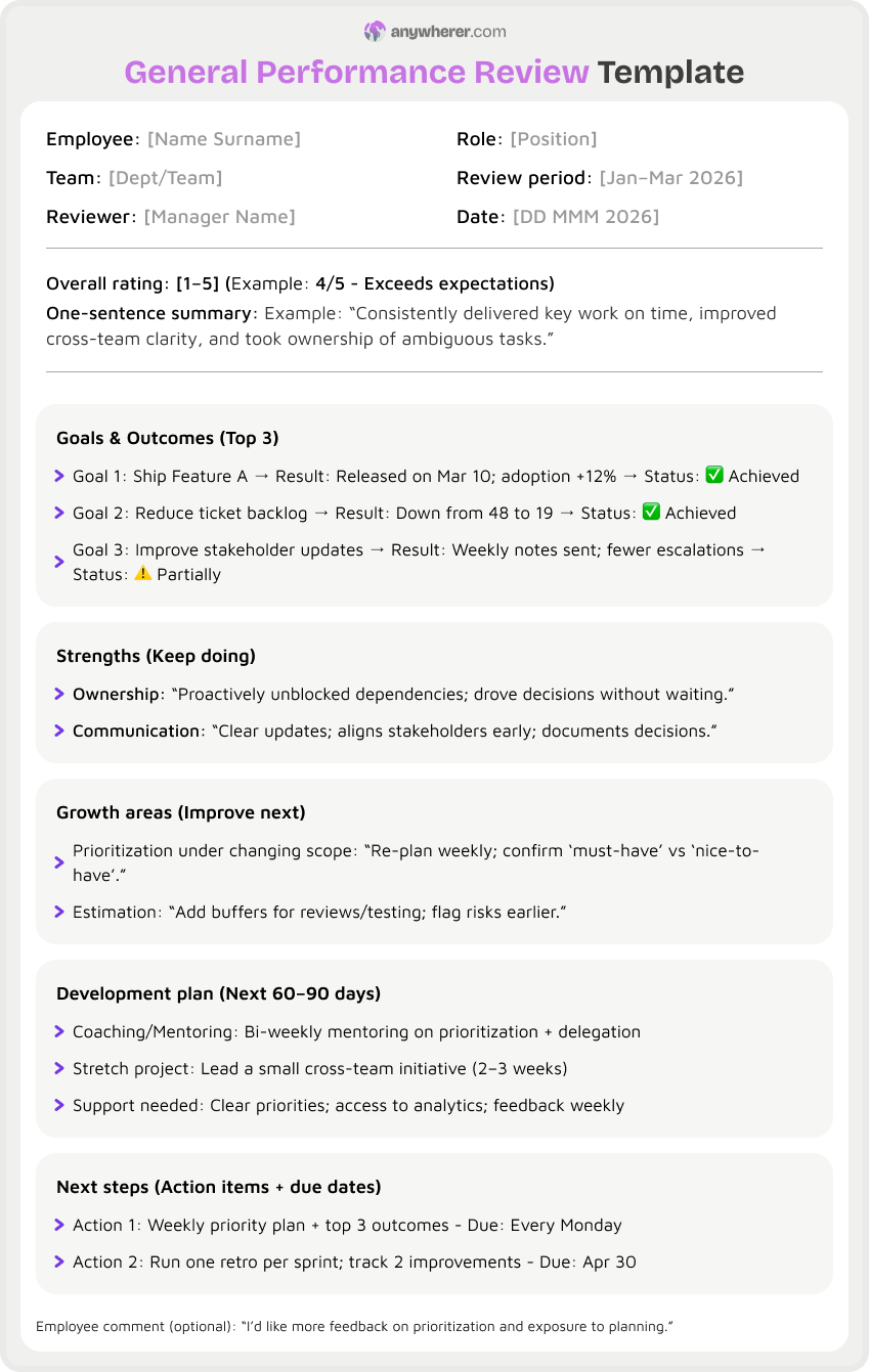 general performance review template example