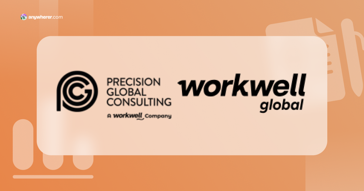 Banner featuring Precision Global Consulting and Workwell Global logos on an orange gradient background with rounded beige card in the center.