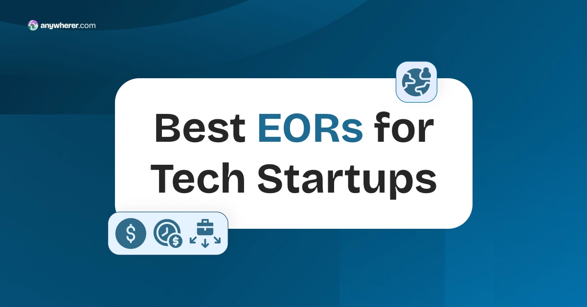 Hero banner: white rounded card on blue gradient background reading 'Best EORs for Tech Startups' with small globe icon in the corner and finance/briefcase icons.