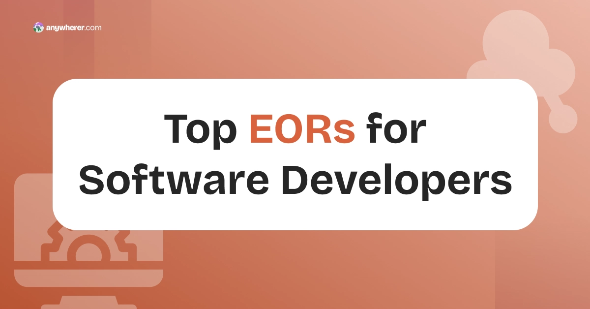 Hero banner: 'Top EORs for Software Developers' in bold on a white rounded rectangle, with an orange gradient background and the nowhere.com logo in the top-left.