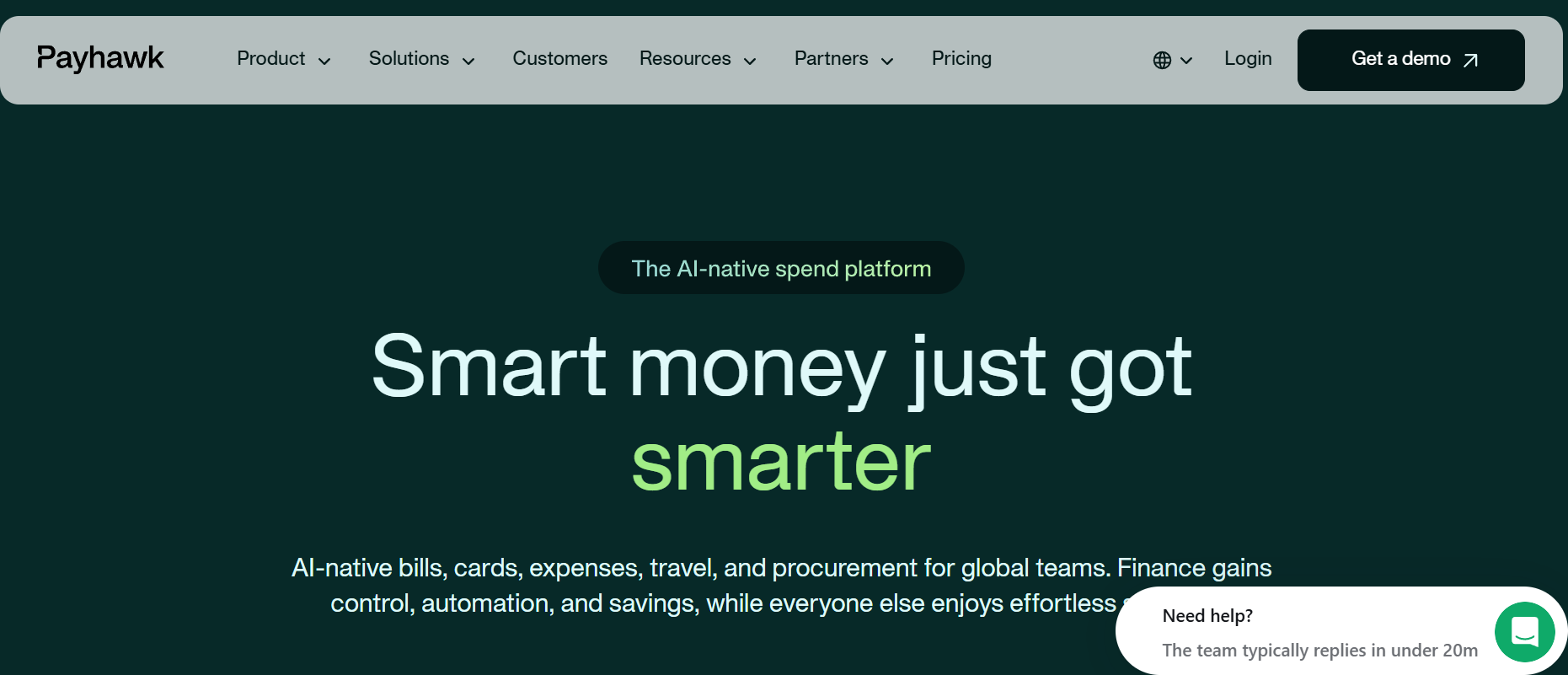 Hero banner with Payhawk navigation and a dark teal background; capsule text reads 'The AI-native spend platform' and large headline 'Smart money just got smarter'