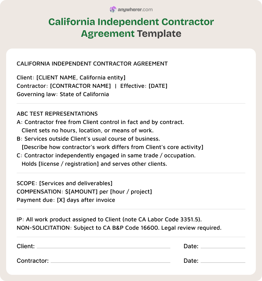 california independent contractor agreement template