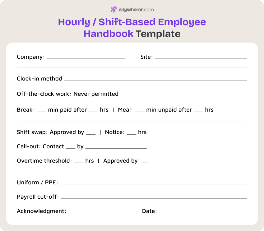 hourly shift-based employee handbook template