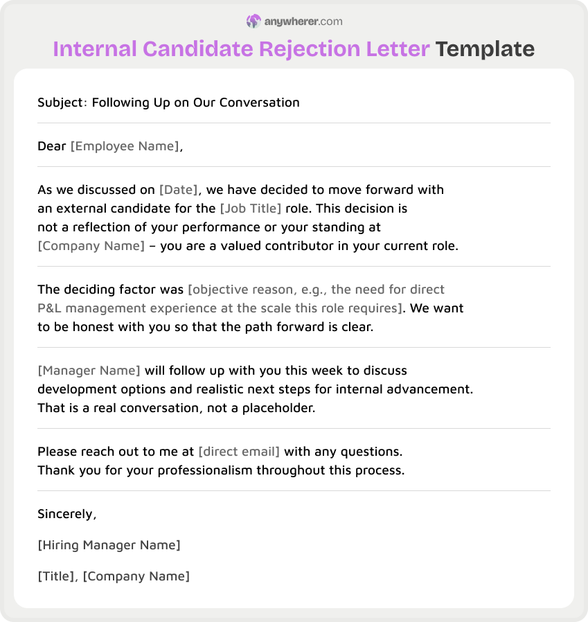 internal candidate rejection letter template
