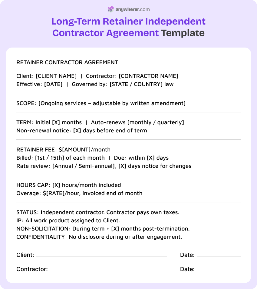 long-term retainer independent contractor agreement template
