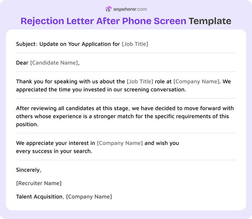 rejection letter after phone screen template