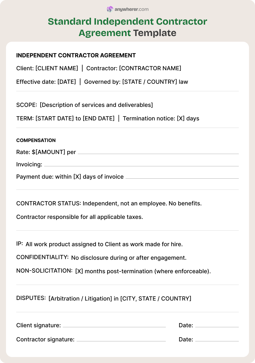 standard independent contractor agreement template