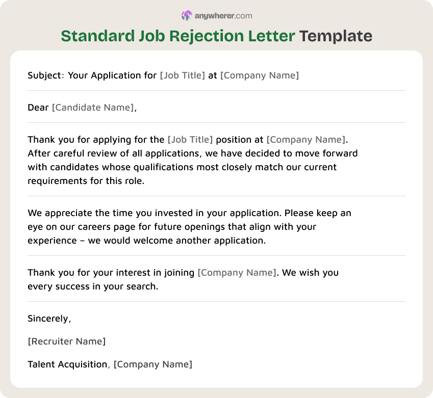 standard job rejection letter template