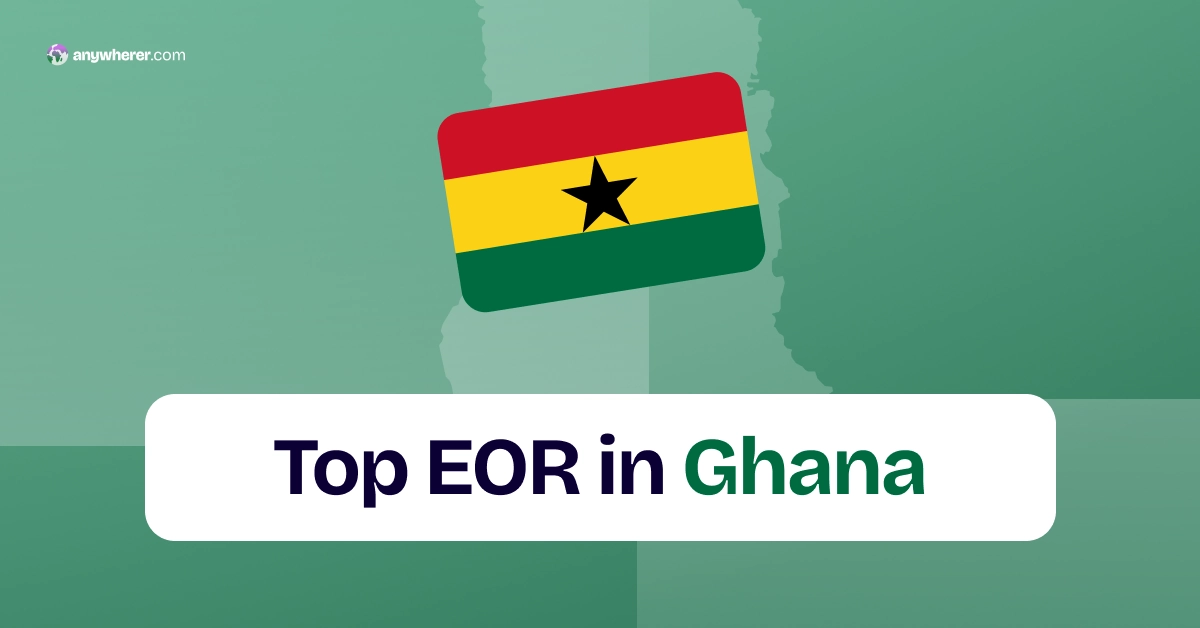 Ghana flag tilted over a green gradient background with a white rounded banner reading 'Top EOR in Ghana'.