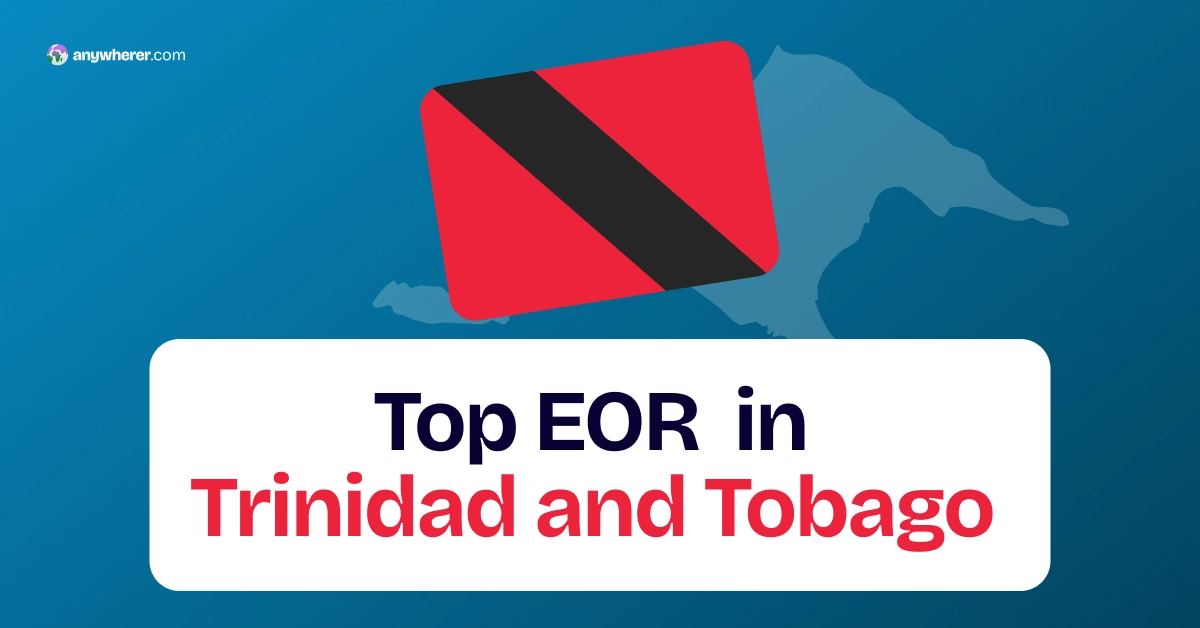 Hero banner: 'Top EOR in Trinidad and Tobago' on a white rounded panel with a red diagonal badge on a blue background, plus anywhere.com logo in the corner.
